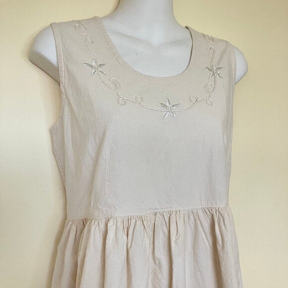 Natural Cotton Sleeveless Maxi Dress Neckline Embroidery Made in Mexico Pockets - Picture 2 of 7